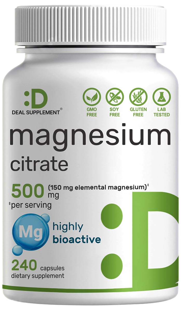 Deal Supplement Magnesium Citrate 500mg, 240 Capsules | One a Day, Easily Absorbed, Purified Trace Mineral – Non-GMO - PrimeBioHealth - canada supplements