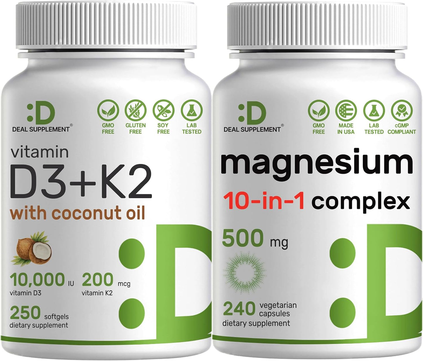 DEAL SUPPLEMENT Vitamin D3 10,000iu + K2 200mcg Softgels & Magnesium Complex Veggie Capsules Bundle – Essential Sunshine Vitamins with Coconut Oil – High Absorption Chelated Minerals, 10-in-1 - PrimeBioHealth - canada supplements