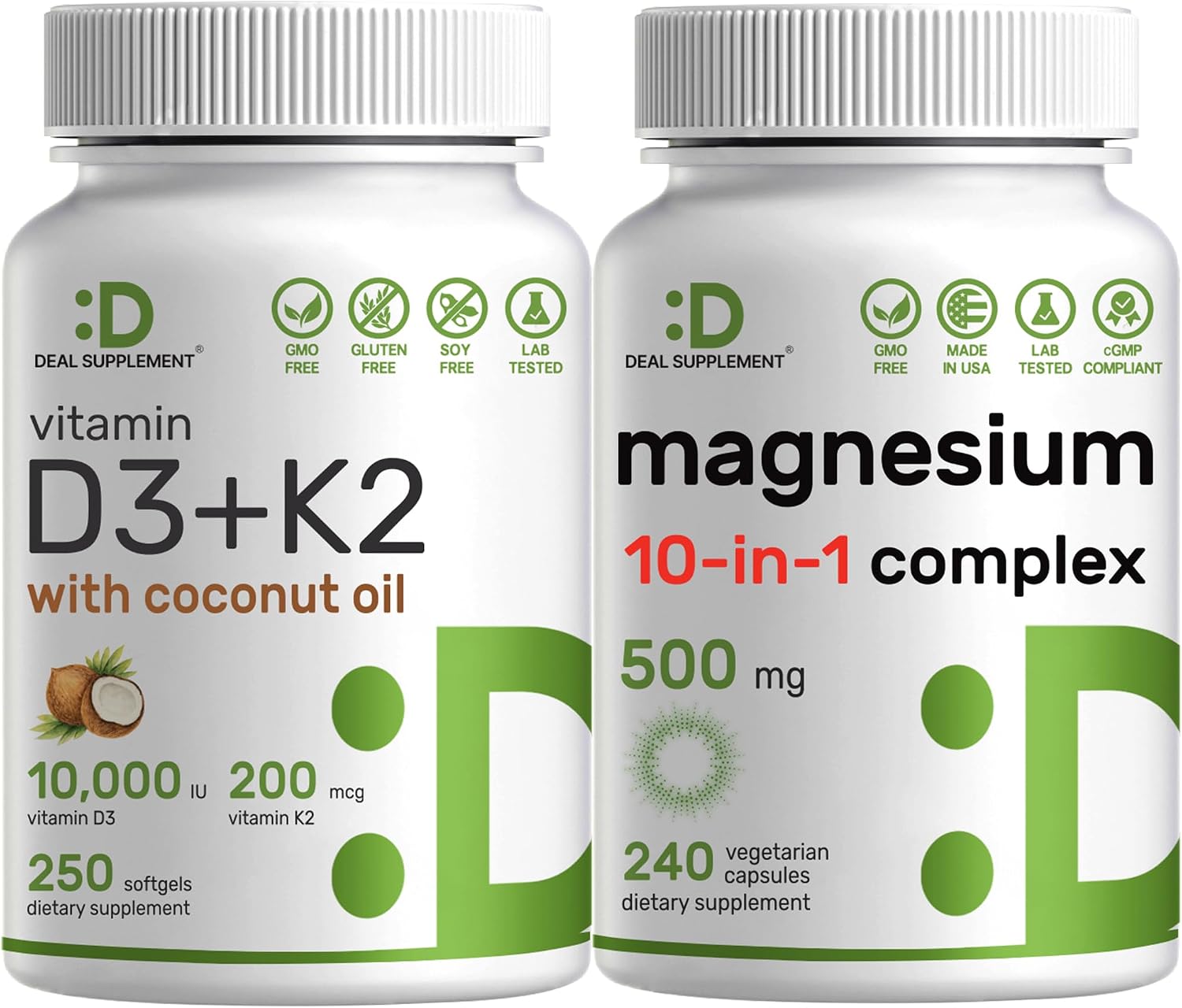 DEAL SUPPLEMENT Vitamin D3 10,000iu + K2 200mcg Softgels & Magnesium Complex Veggie Capsules Bundle – Essential Sunshine Vitamins with Coconut Oil – High Absorption Chelated Minerals, 10-in-1 - PrimeBioHealth - canada supplements