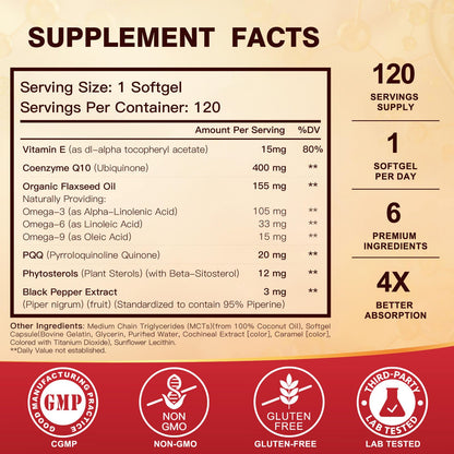 DRFOSTER CoQ10 400mg Softgels - High Absorption Coenzyme Q10 with PQQ, Omega 3-6-9, Plant Sterols & Vitamin E, MCT & Black Pepper - Heart, Brain & Energy Support - Gluten-Free, 120 Days Supply - PrimeBioHealth - canada supplements