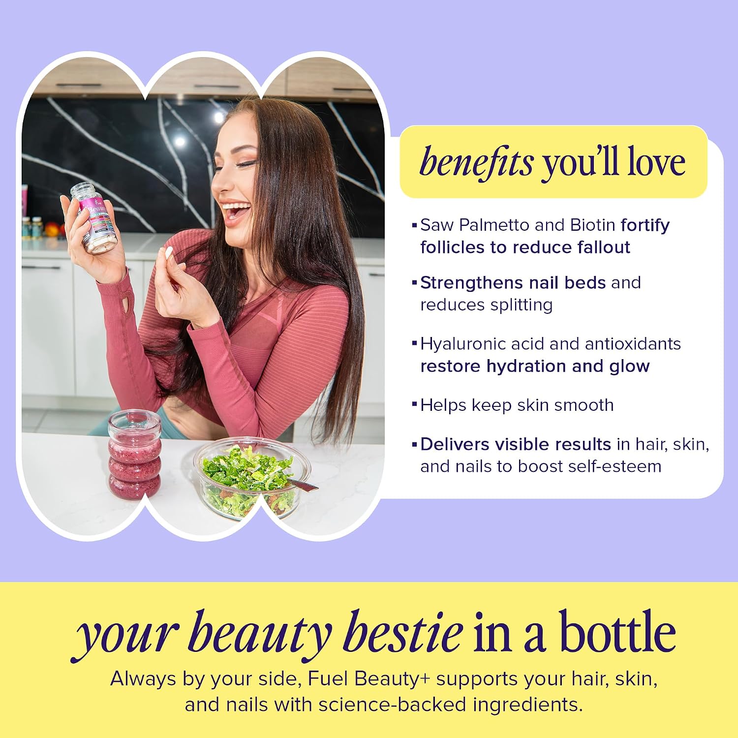 Fuel Beauty+ 24-in-1 Hair, Skin & Nails Vitamins for Women – 5000mcg Biotin, Hyaluronic Acid & Saw Palmetto – Daily Multivitamin for Hair Growth, Nail Strength & Skin Glow – 60 Capsules - PrimeBioHealth - canada supplements