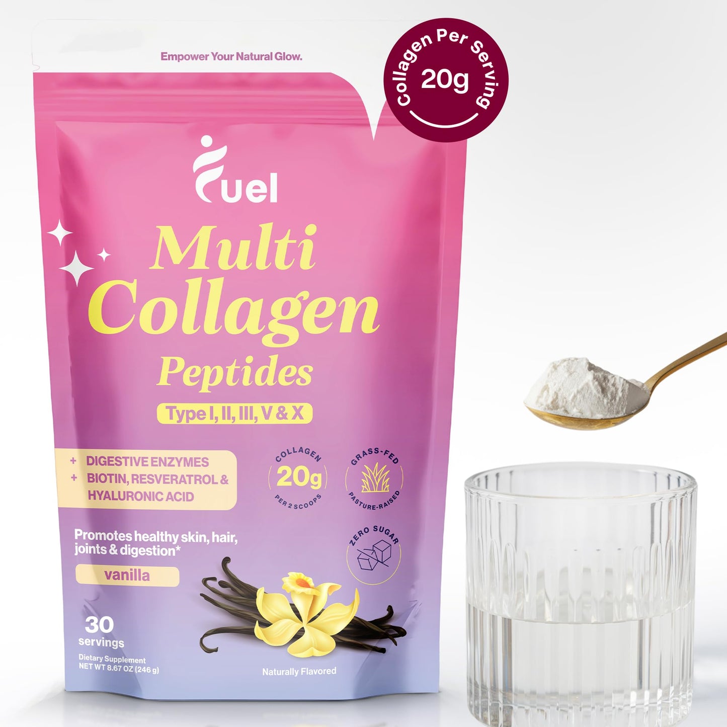 Fuel Multi Collagen Peptides Powder – 20g Hydrolyzed Collagen Types I, II, III, V & X – Hair, Skin, Nails & Joint Support – Keto & Gluten Free – Unflavored – 40 Servings (16.64oz) - PrimeBioHealth - canada supplements
