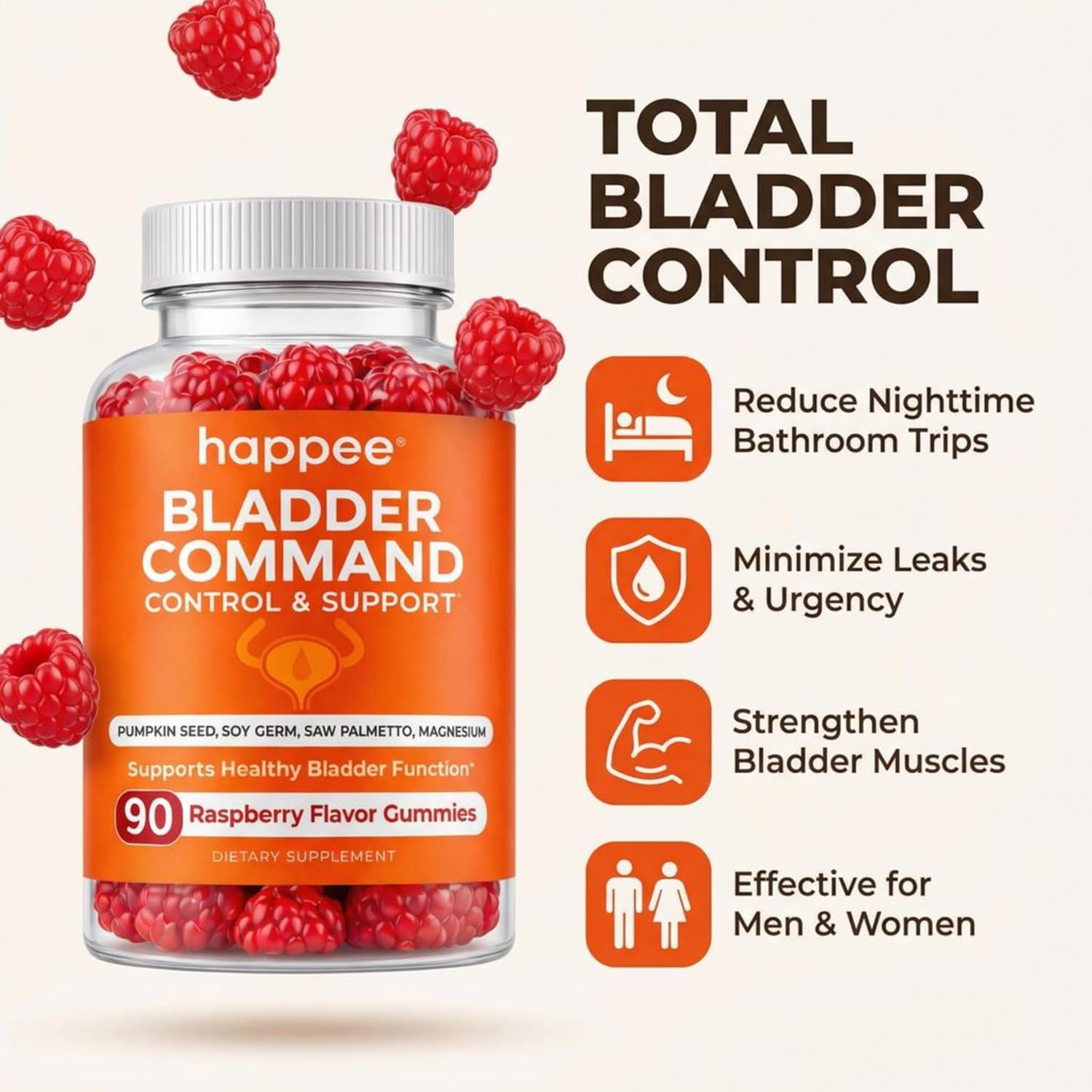 Happee Bladder Control Gummies Supplement Women & Men, Day & Night 90 ct | Daily Bladder Support & Urinary Tract Health, 4-in-1 Pumpkin Seed Extract & Soy Germ, 90 Berry Gummies - PrimeBioHealth - canada supplements