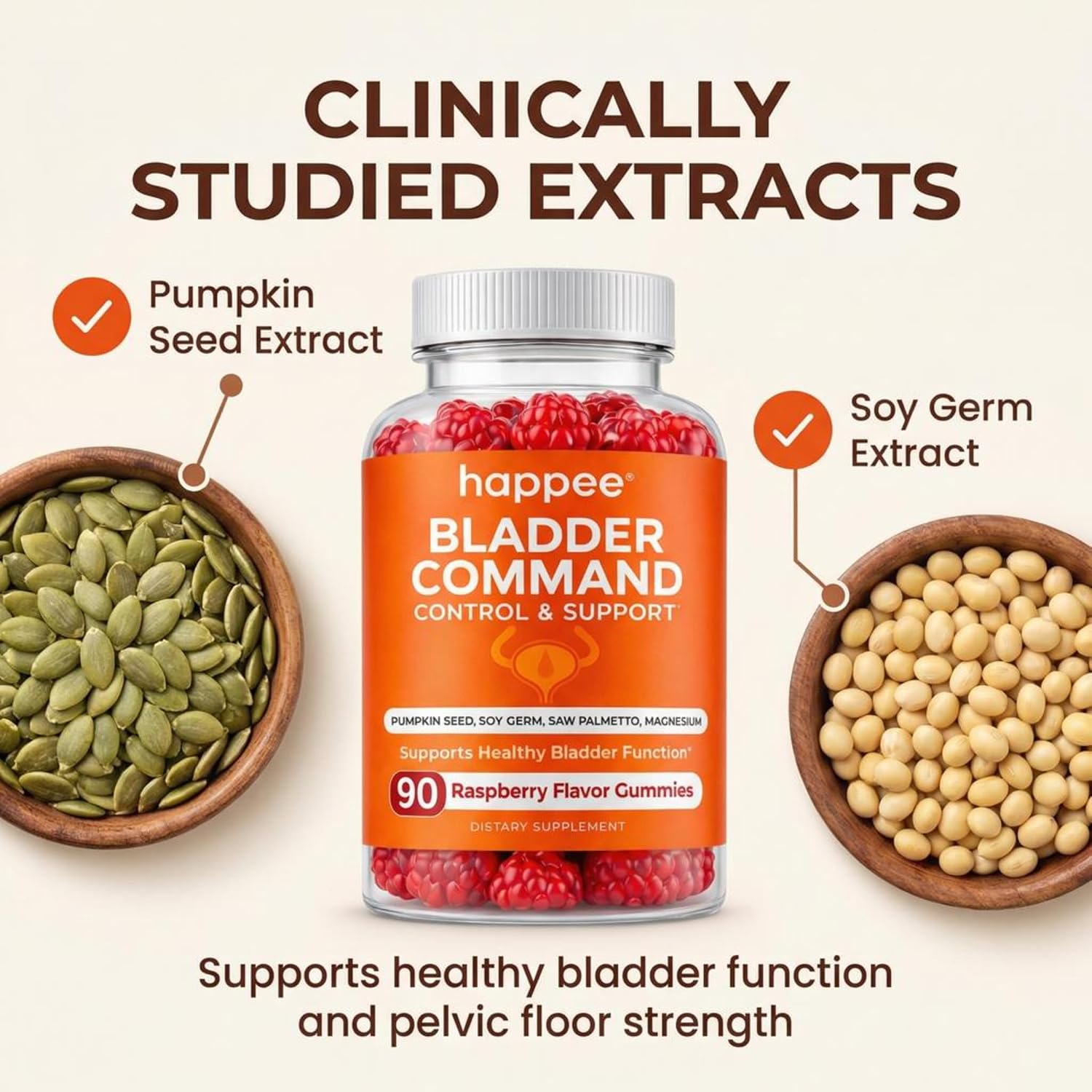 Happee Bladder Control Gummies Supplement Women & Men, Day & Night 90 ct | Daily Bladder Support & Urinary Tract Health, 4-in-1 Pumpkin Seed Extract & Soy Germ, 90 Berry Gummies - PrimeBioHealth - canada supplements