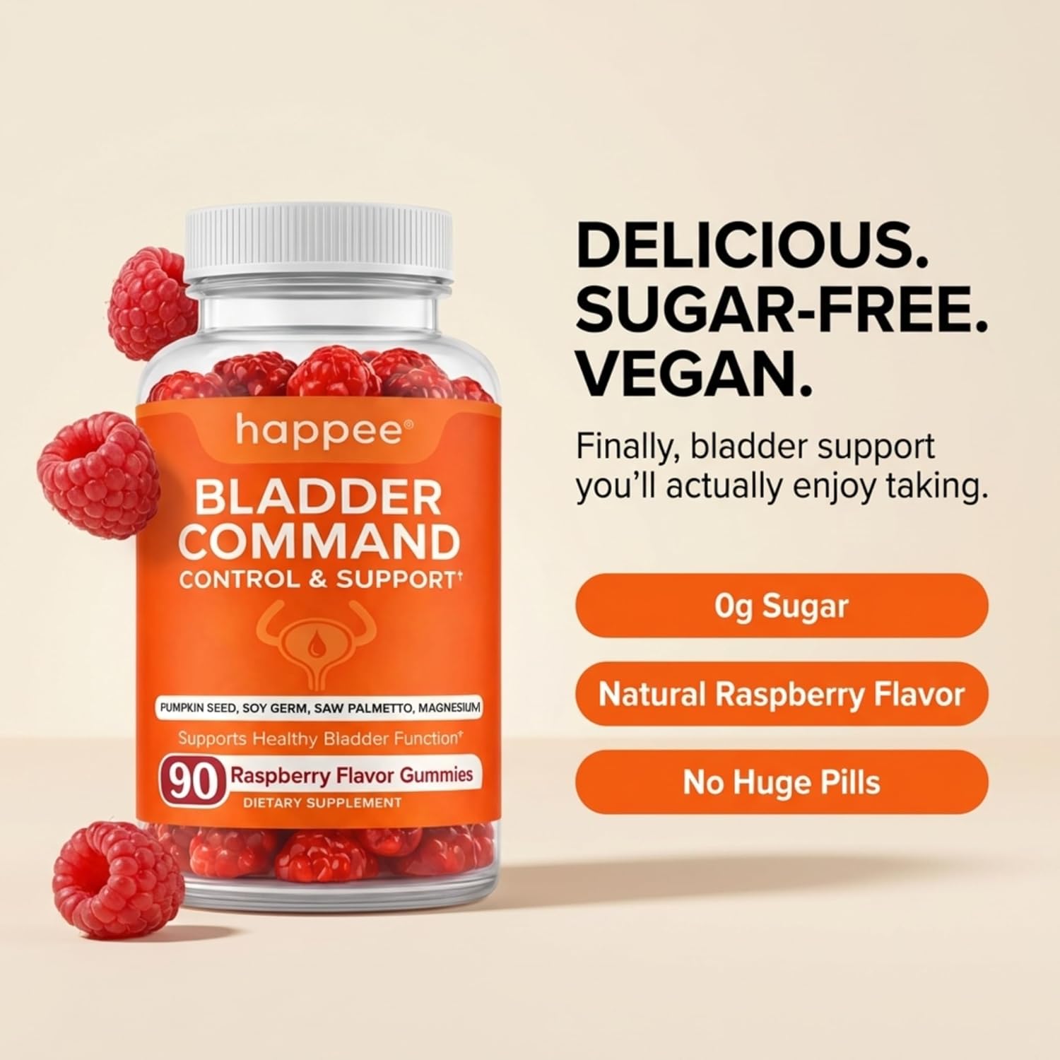 Happee Bladder Control Gummies Supplement Women & Men, Day & Night 90 ct | Daily Bladder Support & Urinary Tract Health, 4-in-1 Pumpkin Seed Extract & Soy Germ, 90 Berry Gummies - PrimeBioHealth - canada supplements