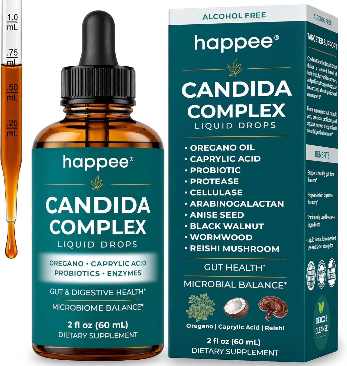 Happee Candida Cleanse Drops 10-in-1 Gut & Oral Detox Support Men Women 2oz | Yeast & Overgrowth Support - Oregano, Caprylic Acid & Probiotics - Flora Balance & Digestive Comfort - 60 Servings - PrimeBioHealth - canada supplements