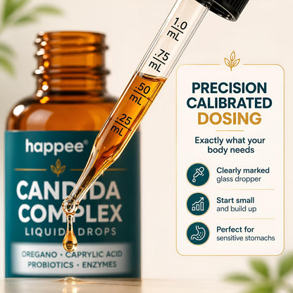 Happee Candida Cleanse Drops 10-in-1 Gut & Oral Detox Support Men Women 2oz | Yeast & Overgrowth Support - Oregano, Caprylic Acid & Probiotics - Flora Balance & Digestive Comfort - 60 Servings - PrimeBioHealth - canada supplements