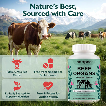 Happee Grass Fed Beef Organ Supplement for Women - Beef Liver, Heart, Kidney, Ovary & Uterus Blend - Hormone Balance, Energy & Cycle Support - 90 Capsules - PrimeBioHealth - canada supplements