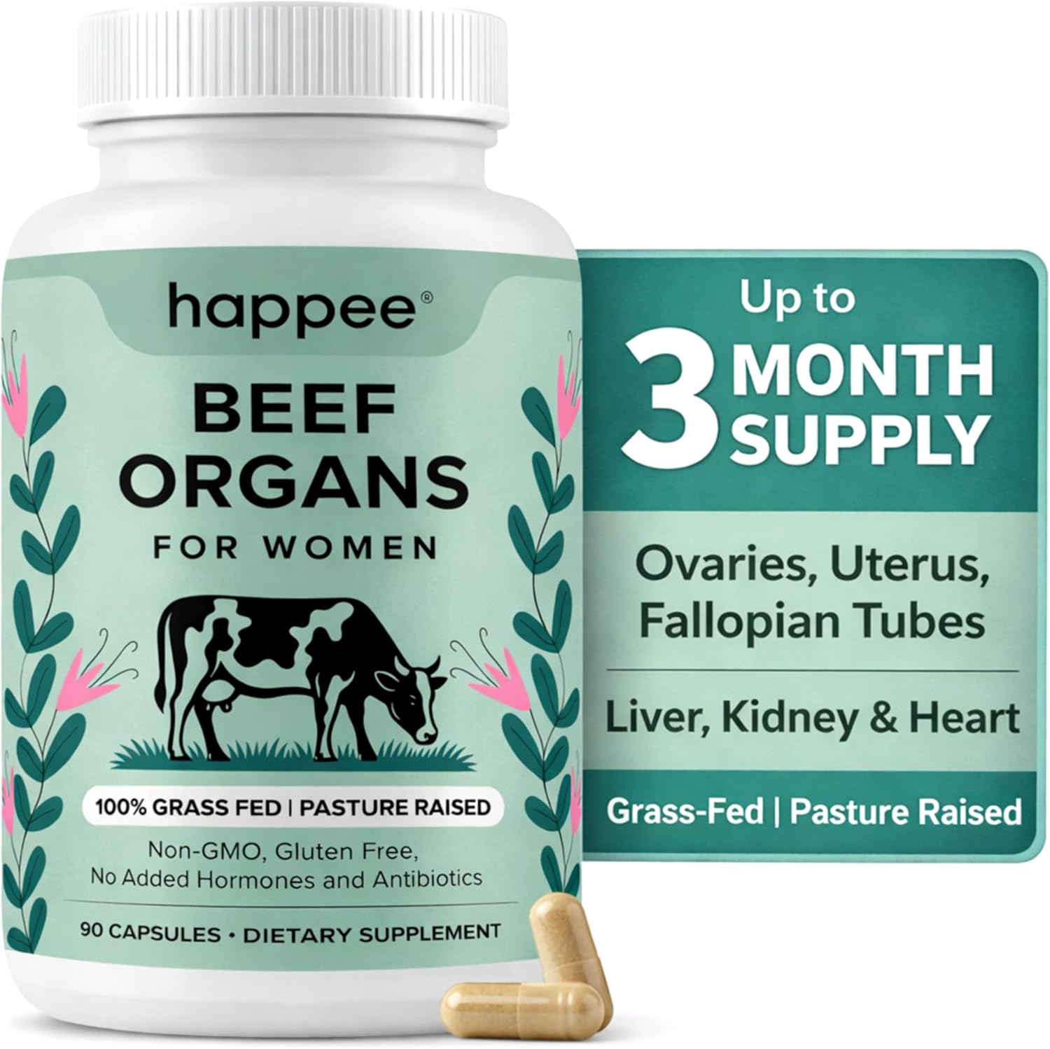 Happee Grass Fed Beef Organ Supplement for Women - Beef Liver, Heart, Kidney, Ovary & Uterus Blend - Hormone Balance, Energy & Cycle Support - 90 Capsules - PrimeBioHealth - canada supplements