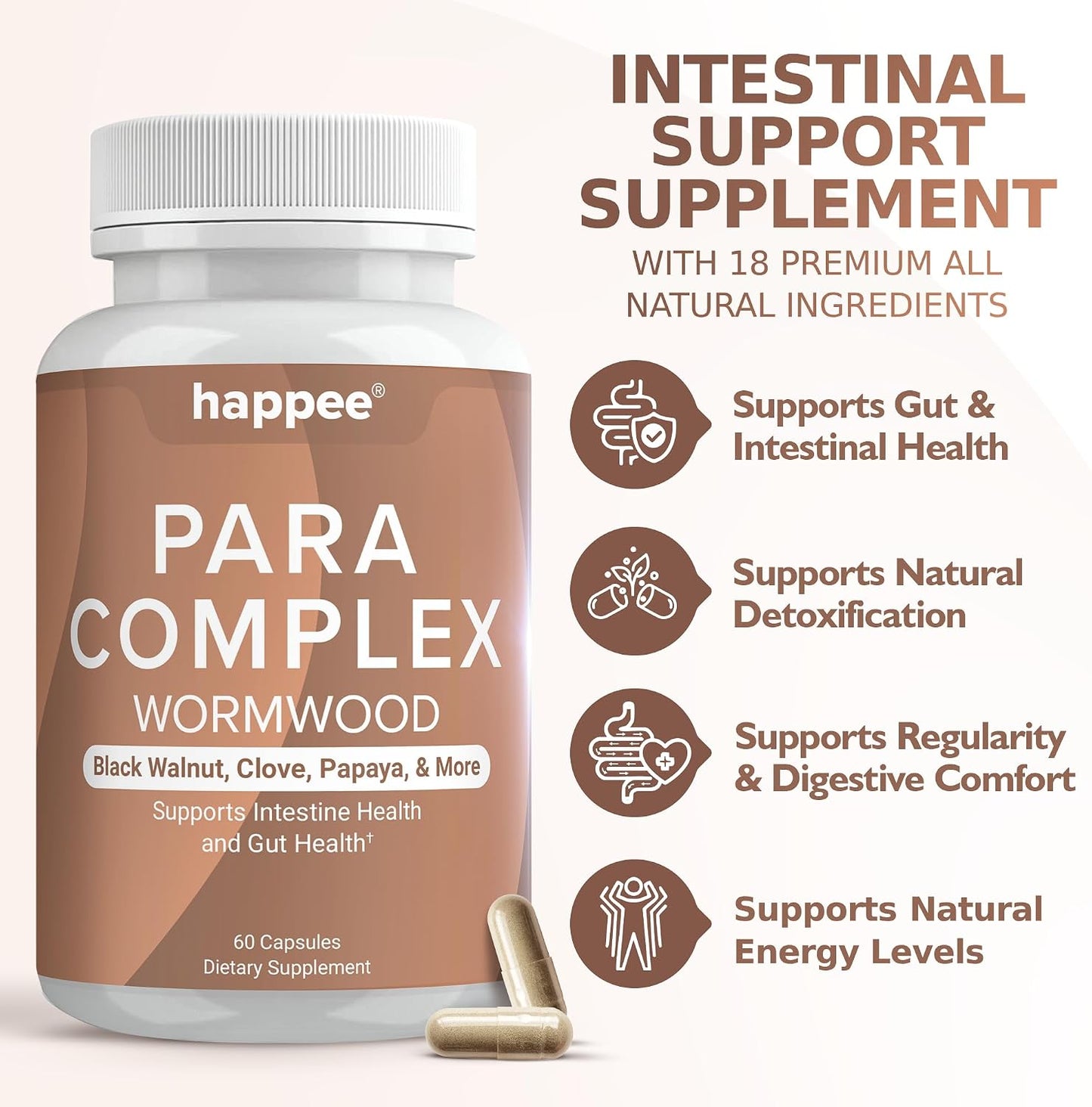 Happee ParaComplex Intestinal Guard for Humans - para Purge Herbal Cleanse for Gut Health & Digestive Balance - with Wormwood, Black Walnut, Garlic & More - 60 Capsules - PrimeBioHealth - canada supplements