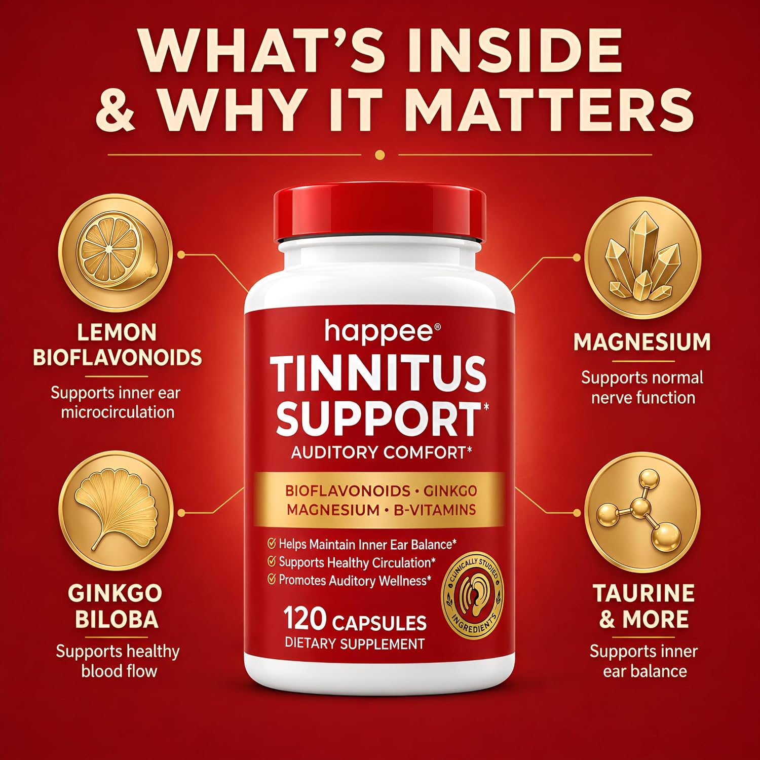 Happee Tinnitus Supplement for Ringing Ears, Bioflavonoids & Ginkgo, 120ct | Flavonoids Plus Essential Nutrient, Daily Support for Inner Ear Health & Microcirculation, NO Dyes, Clean Label - PrimeBioHealth - canada supplements