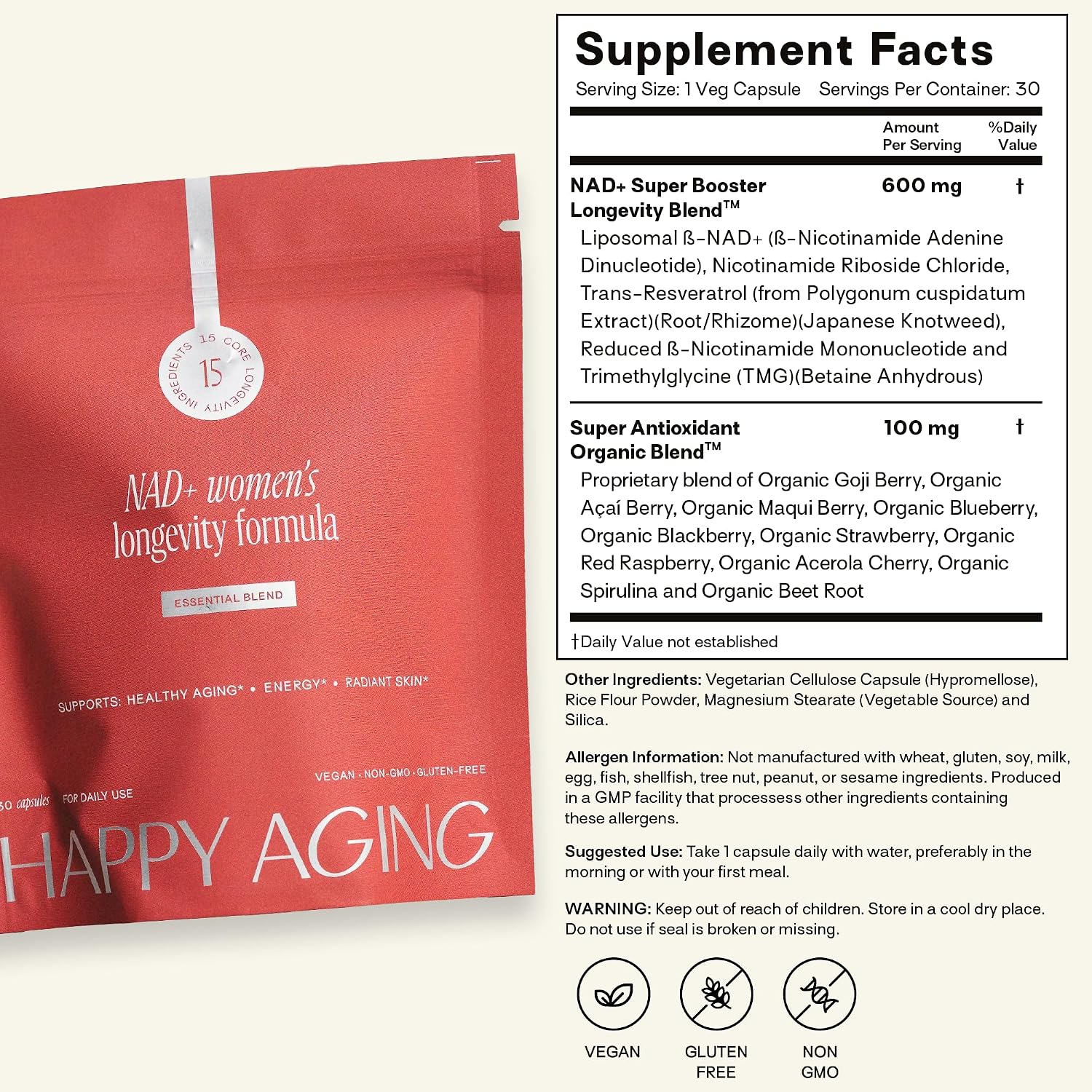 Happy Aging Essential Longevity Formula, NAD+ Super Booster with NR, NMNH & Liposomal β-NAD+, Organic Antioxidant Superfruit Blend for Cellular Energy, Skin Hydration & Daily Vitality, 30 Capsules - PrimeBioHealth - canada supplements