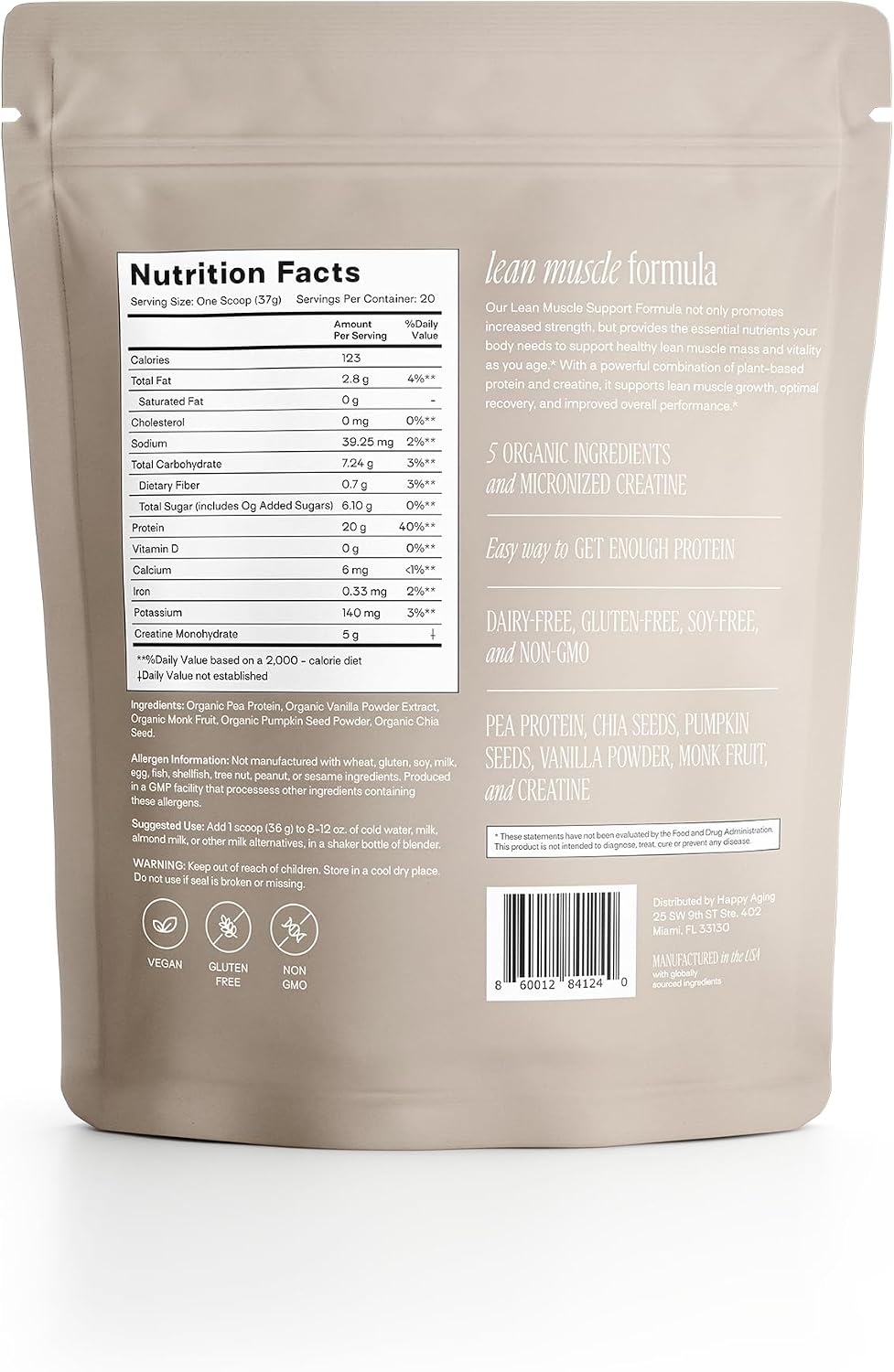 Happy Aging Vegan Protein Powder for Women, 20g Organic Pea & Pumpkin Seed Protein, 5g Creatine for Women, Monk Fruit Sweetened, Organic Cocoa & Chia, Vegan Plant Based Protein - PrimeBioHealth - canada supplements