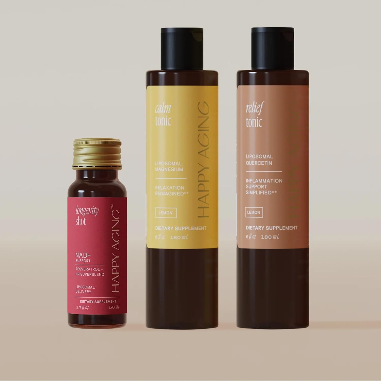 Happy Aging Vitality Trio – Longevity Shot + Calm Tonic + Relief Tonic | Energy, Recovery & Immune Support | NAD+ + Magnesium + Quercetin | 3 Units - PrimeBioHealth - canada supplements