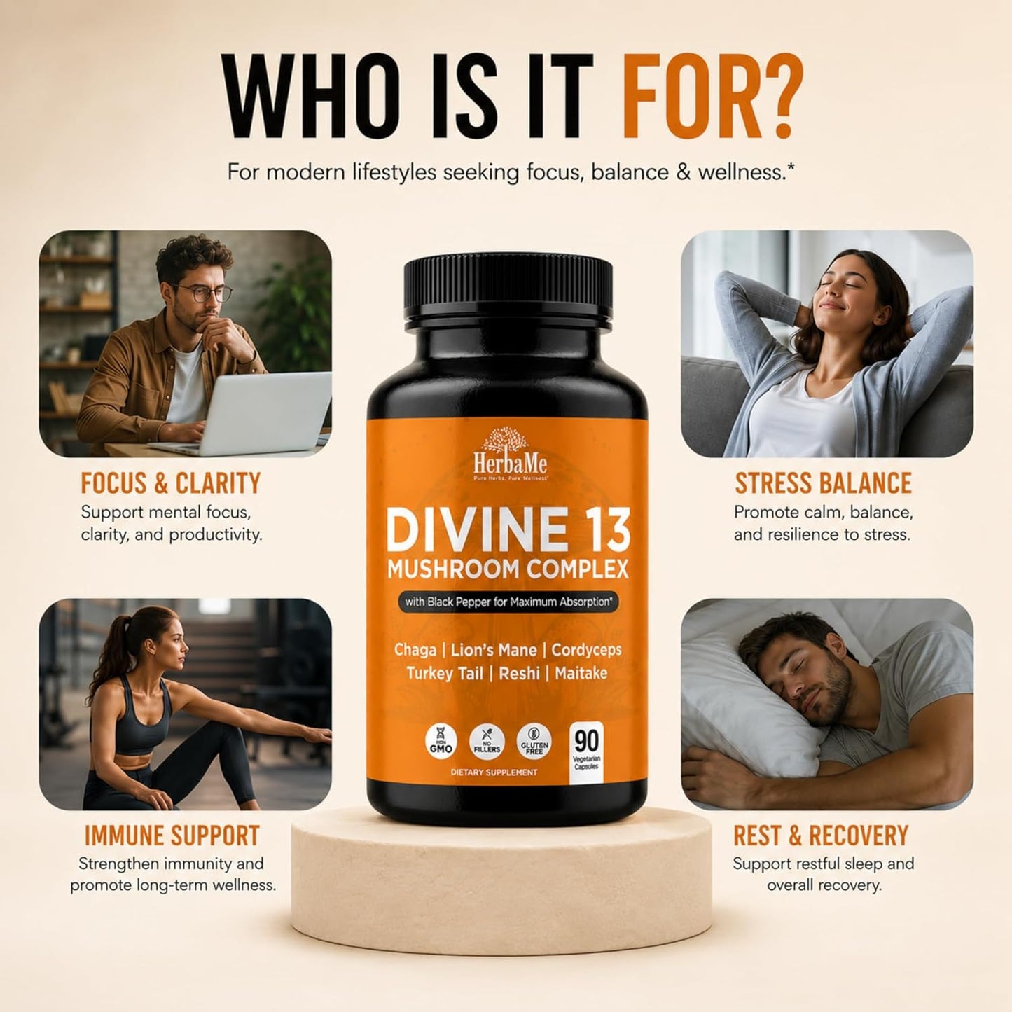 HerbaMe 13 Mushroom Extract Complex Capsules with Lion’s Mane, Cordyceps, Turkey Tail, Reishi & Chaga – Brain, Energy & Immune Support Supplement with Black Pepper for Absorption, 90 Count - PrimeBioHealth - canada supplements
