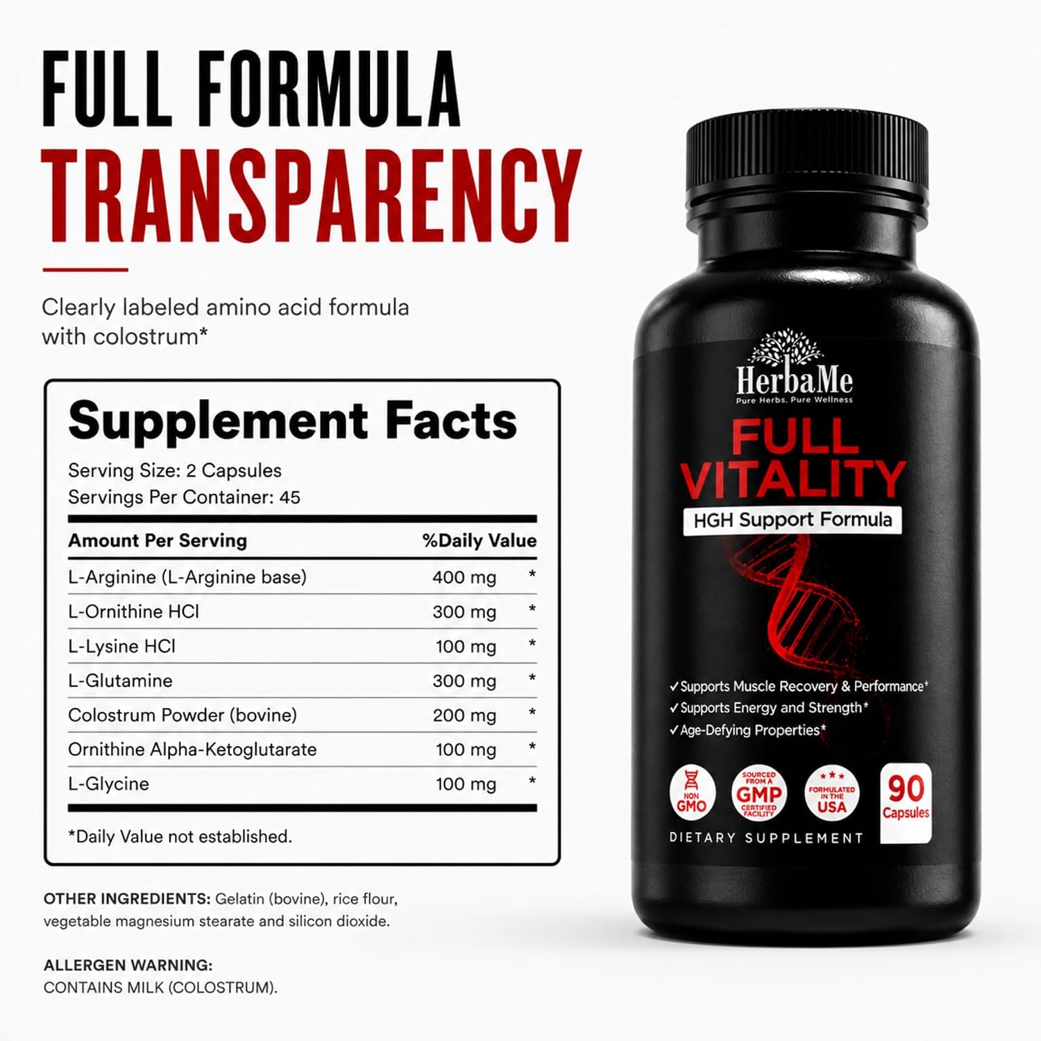 HerbaMe HGH Support Supplement for Men & Women, 90 Capsules – Naturally Supports Human Growth Hormone, Amino Acid Complex with Arginine & Colostrum – Supports Nighttime Recovery, Energy & Performance - PrimeBioHealth - canada supplements