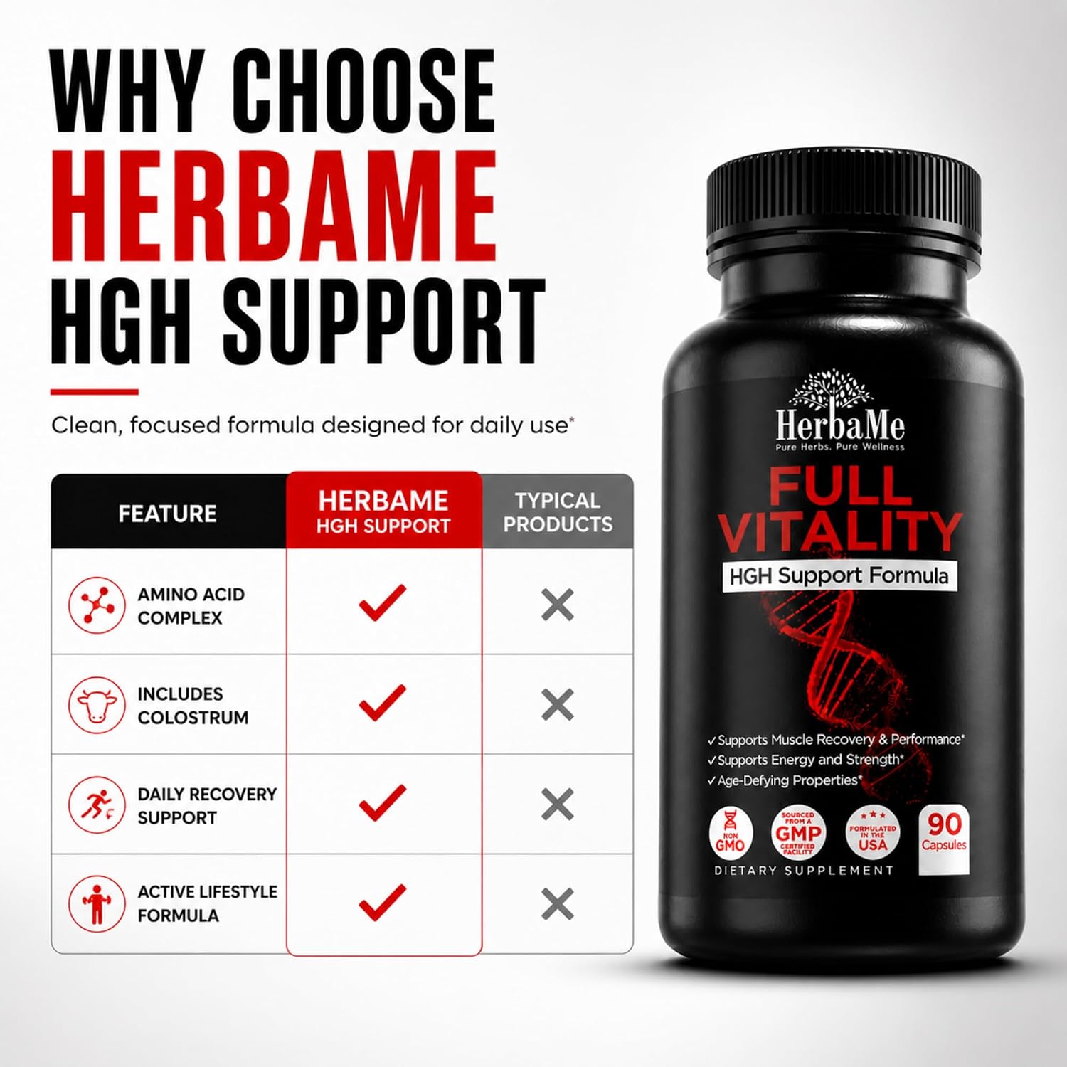HerbaMe HGH Support Supplement for Men & Women, 90 Capsules – Naturally Supports Human Growth Hormone, Amino Acid Complex with Arginine & Colostrum – Supports Nighttime Recovery, Energy & Performance - PrimeBioHealth - canada supplements