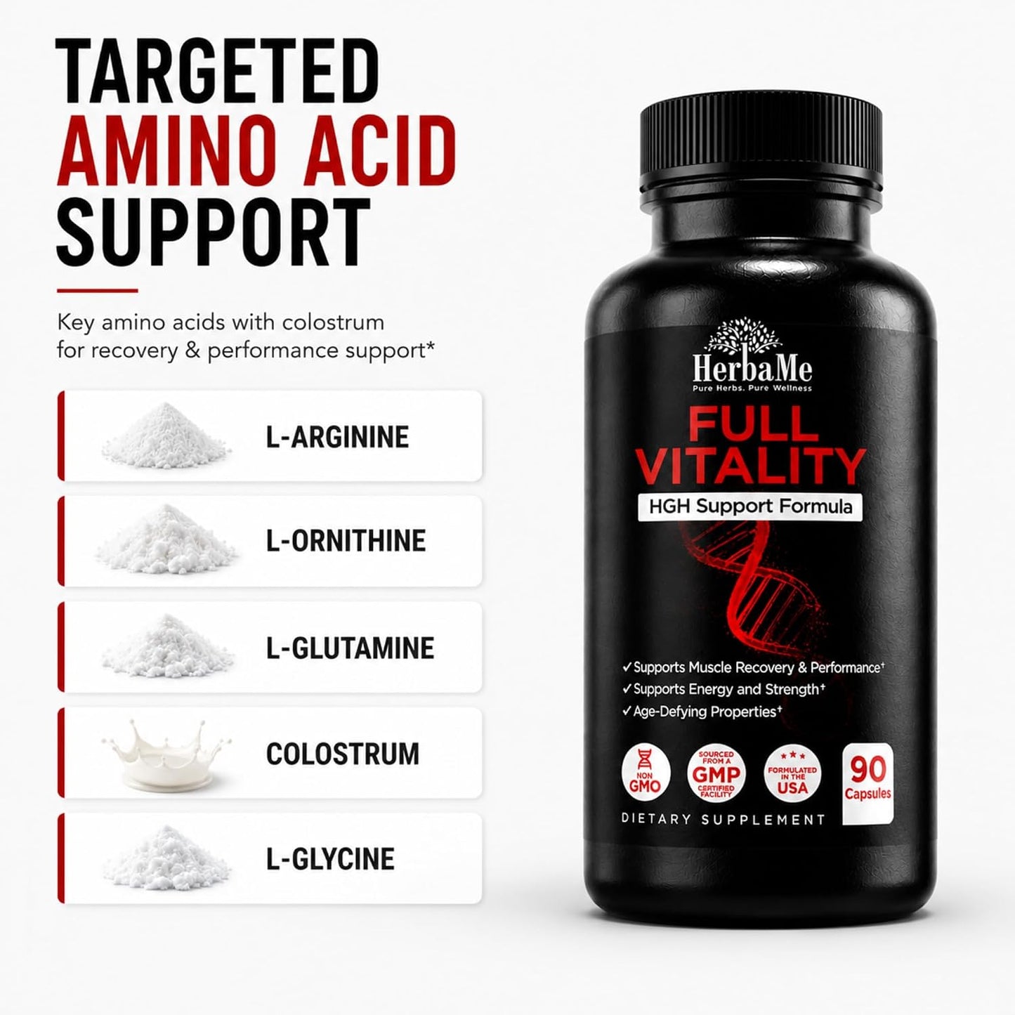 HerbaMe HGH Support Supplement for Men & Women, 90 Capsules – Naturally Supports Human Growth Hormone, Amino Acid Complex with Arginine & Colostrum – Supports Nighttime Recovery, Energy & Performance - PrimeBioHealth - canada supplements