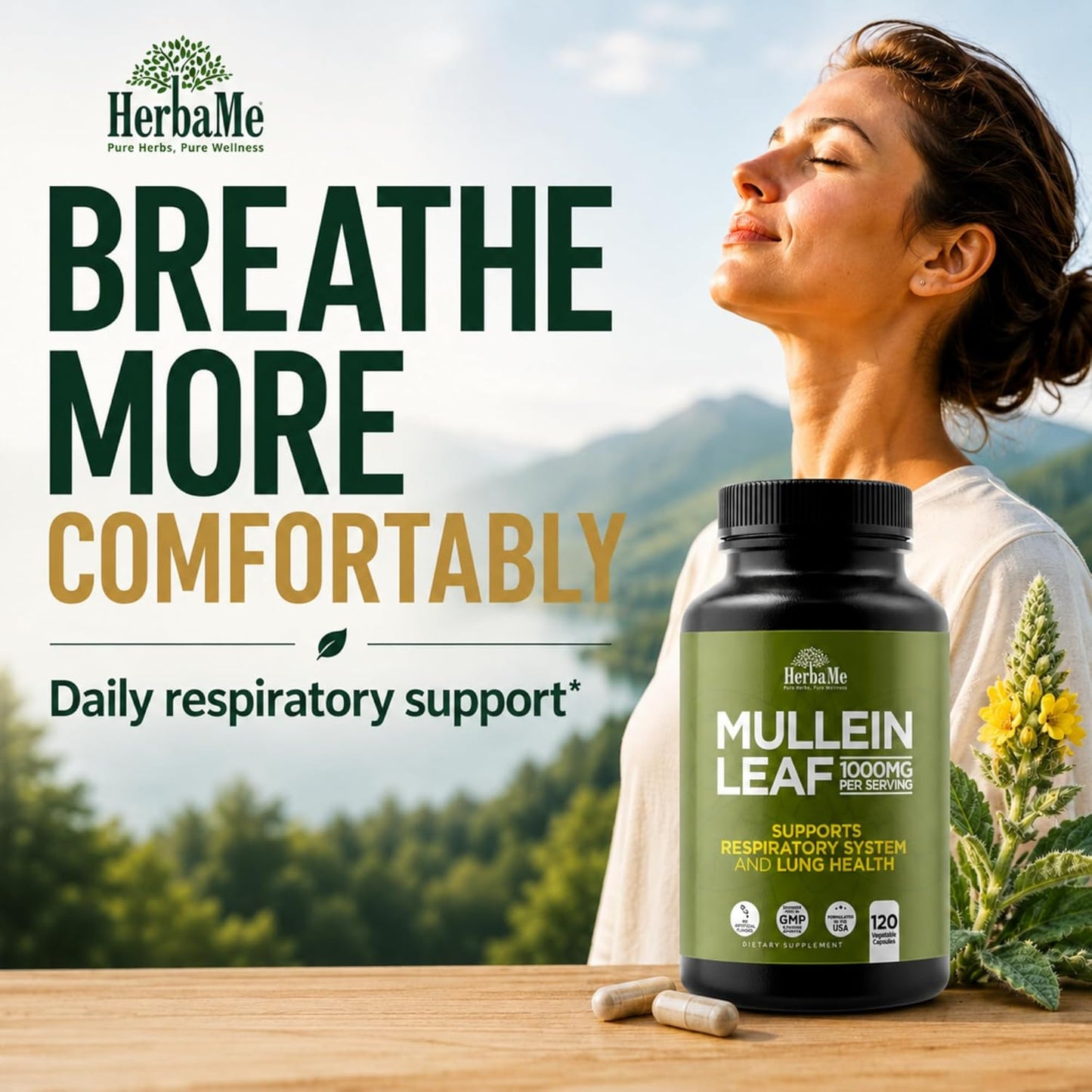 HerbaMe Mullein Leaf 1000mg, 120 Capsules - Daily Respiratory Support Supplement, Supports Breathing Comfort & Mucus Balance, Herbal Lung Support for Smokers, Men & Women - PrimeBioHealth - canada supplements
