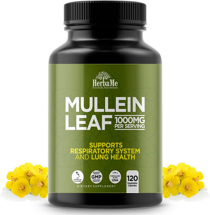 HerbaMe Mullein Leaf 1000mg, 120 Capsules - Daily Respiratory Support Supplement, Supports Breathing Comfort & Mucus Balance, Herbal Lung Support for Smokers, Men & Women - PrimeBioHealth - canada supplements