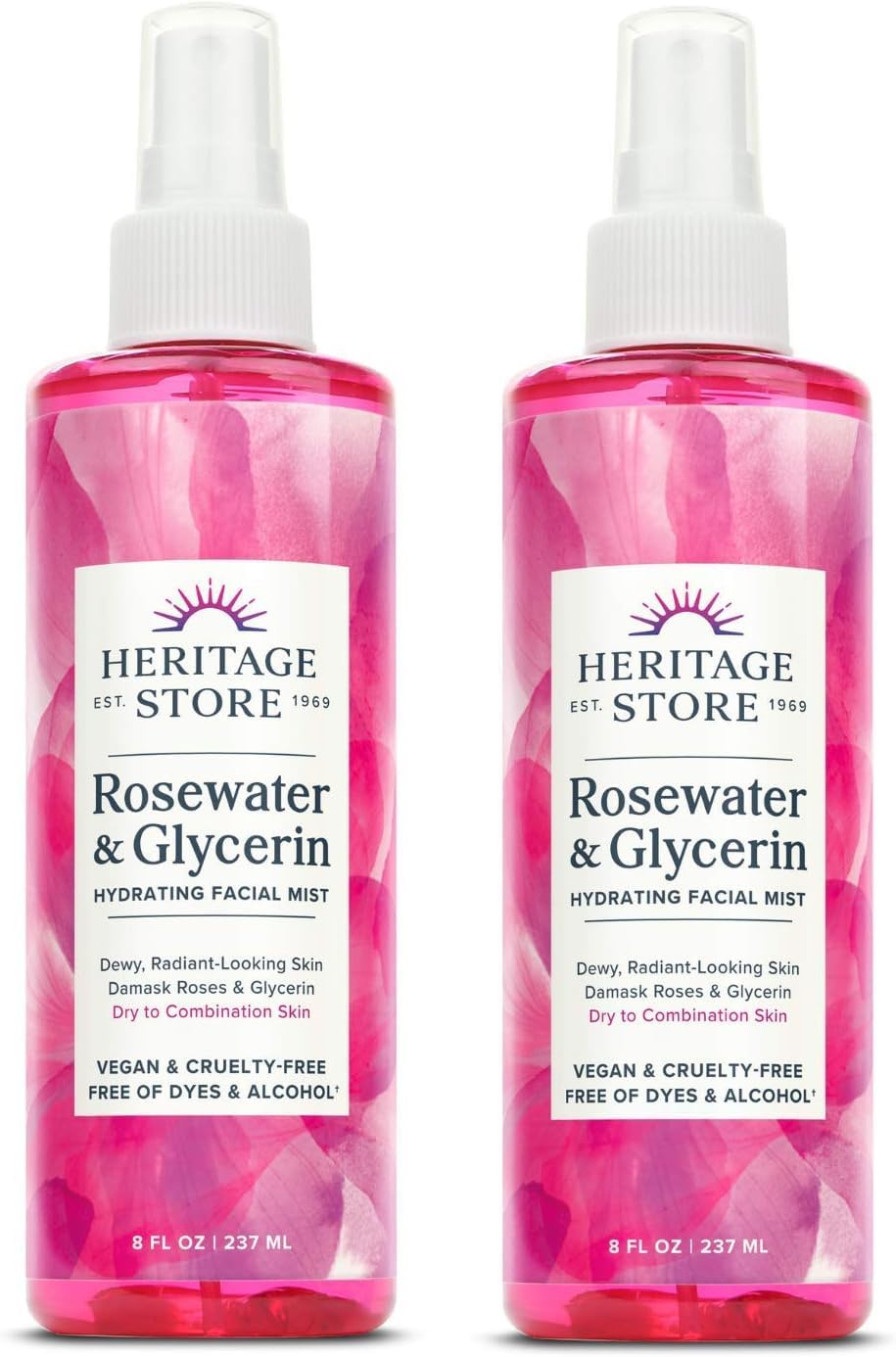 HERITAGE STORE Rosewater & Glycerin 2-pack - Hydrating Facial Mist - Dry Combination Skin Care - Rose Water Spray with Vegetable Glycerine - Made Without Dyes or Alcohol, Hypoallergenic, Vegan, 8oz ea - PrimeBioHealth - canada supplements