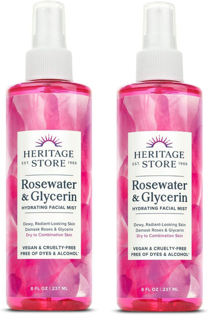 HERITAGE STORE Rosewater & Glycerin 2-pack - Hydrating Facial Mist - Dry Combination Skin Care - Rose Water Spray with Vegetable Glycerine - Made Without Dyes or Alcohol, Hypoallergenic, Vegan, 8oz ea - PrimeBioHealth - canada supplements