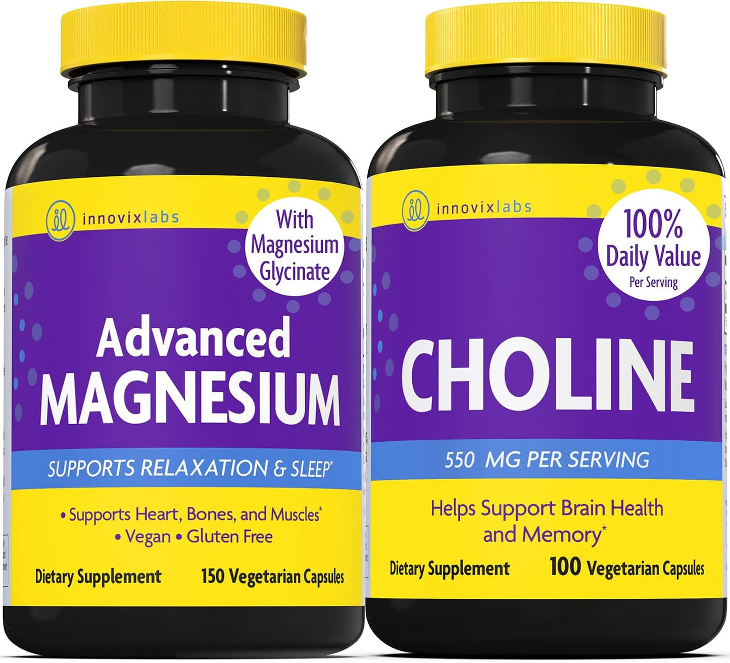 InnovixLabs Choline & Magnesium Bundle Choline Bitartrate 550mg (100 Capsules) Advanced Magnesium (150 Capsules). Supports Memory, Mood, Brain Health & Boost Cognitive.* - PrimeBioHealth - canada supplements