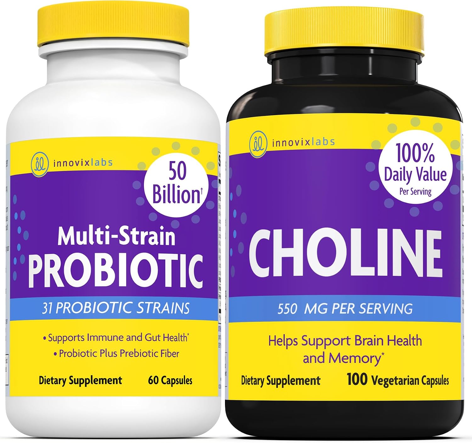 InnovixLabs Choline & Multi Probiotic Bundle Choline Bitartrate 550mg (100 Capsules) Multi Strain Probiotics (60 Capsules). Supports Memory, Mood, Brain Health & Boost Cognitive.* - PrimeBioHealth - canada supplements