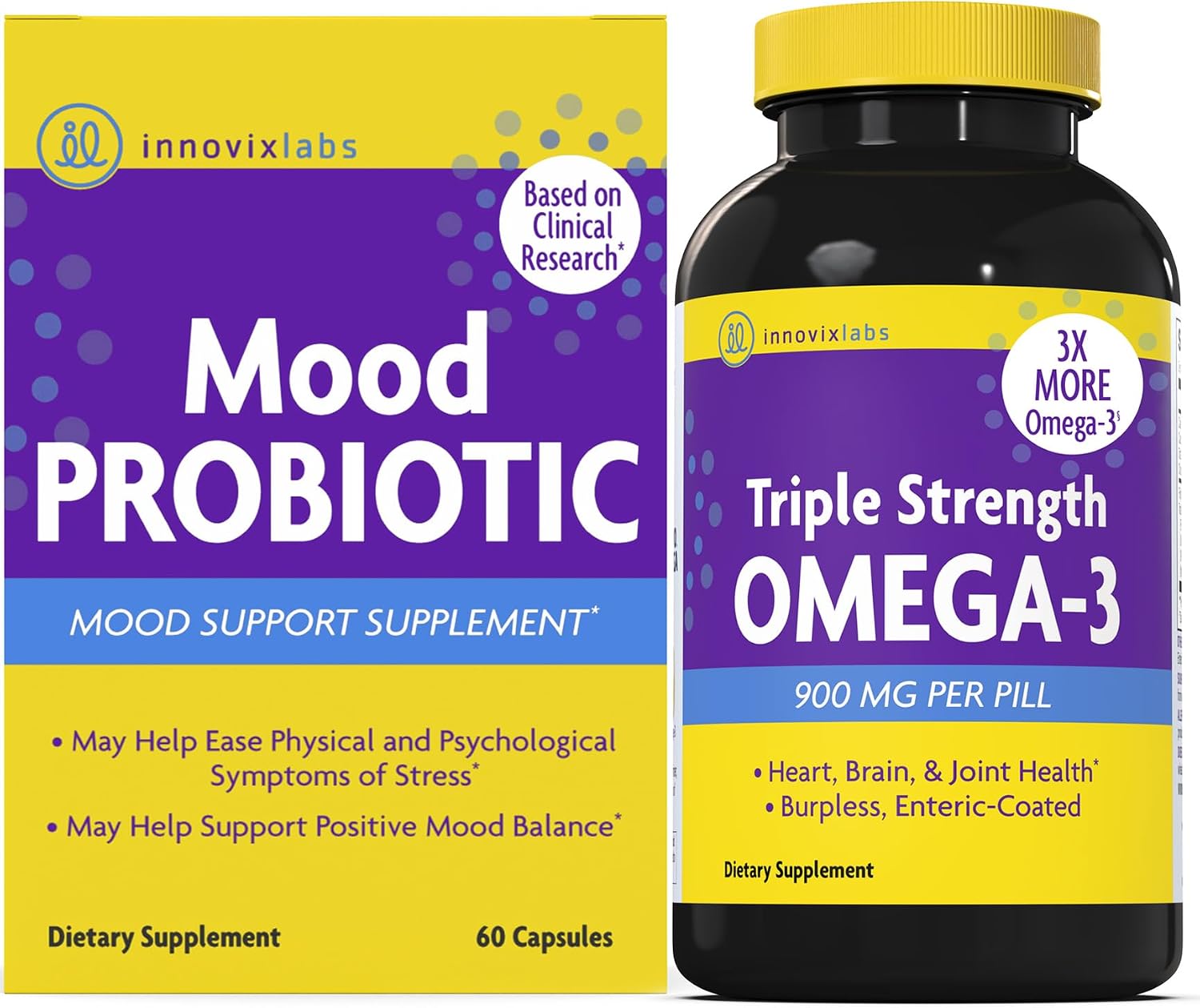InnovixLabs Mood Probiotic & Triple Omega Bundle Mood Probiotic (60 Capsules) Triple Strength Omega-3 Fish Oil (200 Softgel). Supports Brain, Joints and Immune Health* - PrimeBioHealth - canada supplements