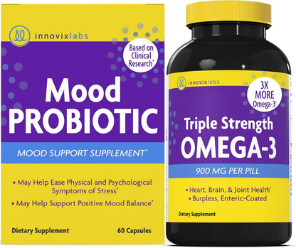 InnovixLabs Mood Probiotic & Triple Omega Bundle Mood Probiotic (60 Capsules) Triple Strength Omega-3 Fish Oil (200 Softgel). Supports Brain, Joints and Immune Health* - PrimeBioHealth - canada supplements
