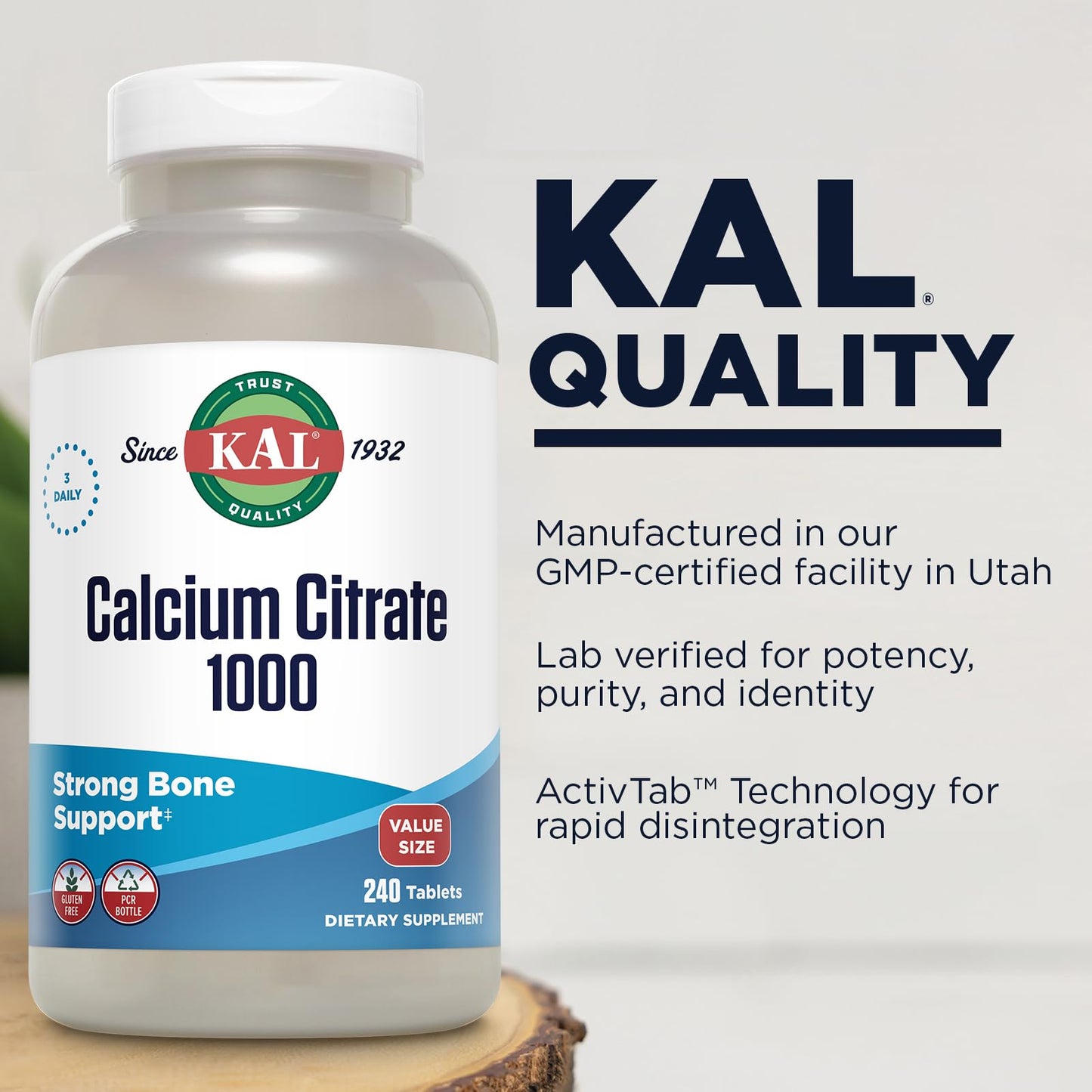 KAL Calcium Citrate 1000mg, Calcium Supplements for Women and Men, Bone Health, Teeth, Nervous, Muscular & Cardiovascular System Support, Gluten Free and Lab Verified, 60 Servings, 180 Tablets - PrimeBioHealth - canada supplements