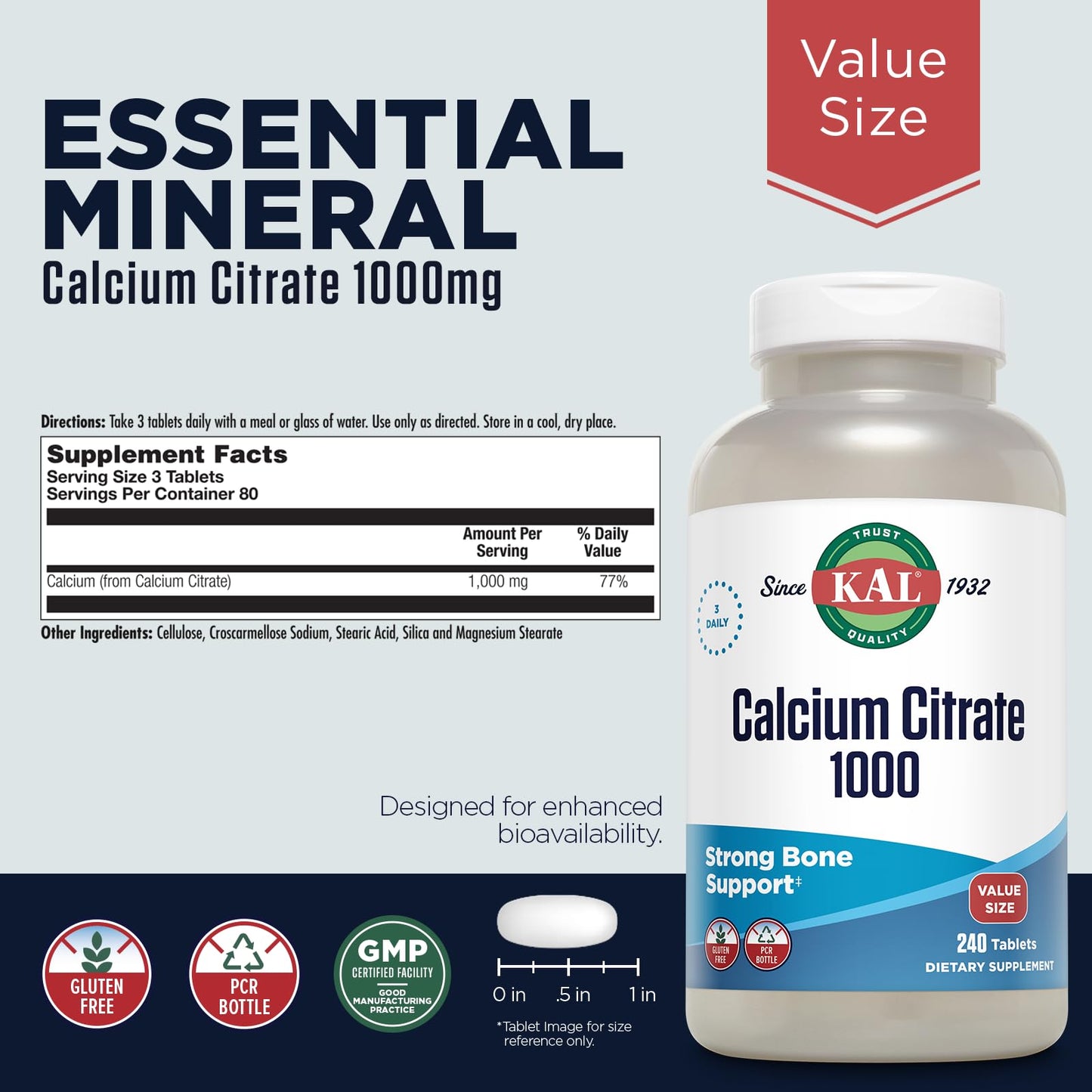 KAL Calcium Citrate 1000mg, Calcium Supplements for Women and Men, Bone Health, Teeth, Nervous, Muscular & Cardiovascular System Support, Gluten Free and Lab Verified, 60 Servings, 180 Tablets - PrimeBioHealth - canada supplements