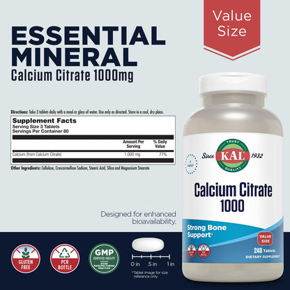 KAL Calcium Citrate 1000mg, Calcium Supplements for Women and Men, Bone Health, Teeth, Nervous, Muscular & Cardiovascular System Support, Gluten Free and Lab Verified, 60 Servings, 180 Tablets - PrimeBioHealth - canada supplements