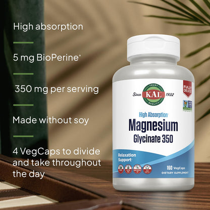 KAL Magnesium Glycinate, New & Improved Fully Chelated High Absorption Formula with BioPerine, Bisglycinate Chelate for Stress, Relaxation, Muscle & Bone Health Support, 60 Servings, 240 VegCaps - PrimeBioHealth - canada supplements