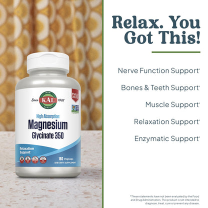 KAL Magnesium Glycinate, New & Improved Fully Chelated High Absorption Formula with BioPerine, Bisglycinate Chelate for Stress, Relaxation, Muscle & Bone Health Support, 60 Servings, 240 VegCaps - PrimeBioHealth - canada supplements