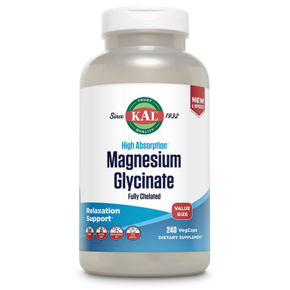 KAL Magnesium Glycinate, New & Improved Fully Chelated High Absorption Formula with BioPerine, Bisglycinate Chelate for Stress, Relaxation, Muscle & Bone Health Support, 60 Servings, 240 VegCaps - PrimeBioHealth - canada supplements