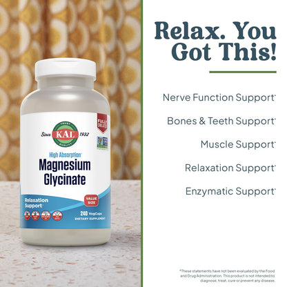 KAL Magnesium Glycinate, New & Improved Fully Chelated High Absorption Formula with BioPerine, Bisglycinate Chelate for Stress, Relaxation, Muscle & Bone Health Support, 60 Servings, 240 VegCaps - PrimeBioHealth - canada supplements