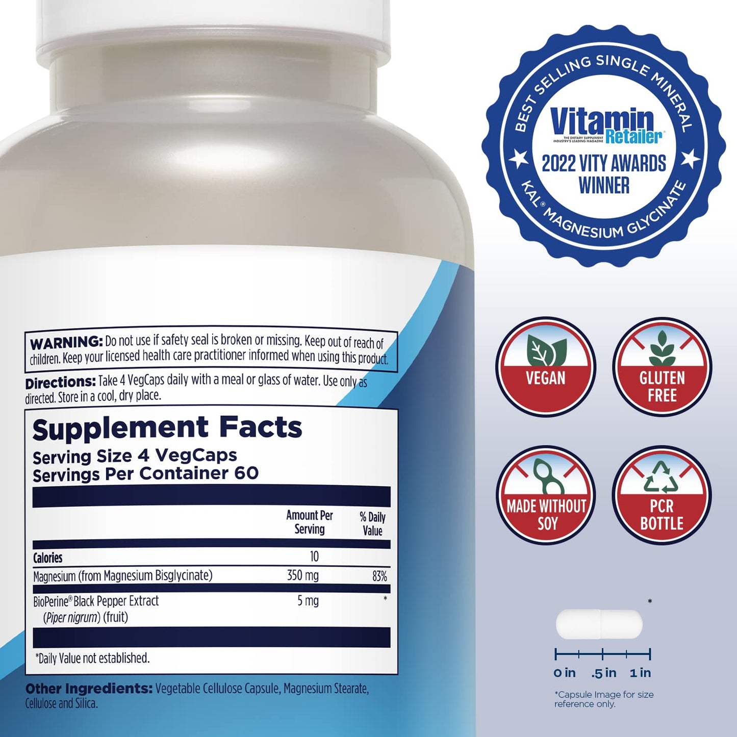 KAL Magnesium Glycinate, New & Improved Fully Chelated High Absorption Formula with BioPerine, Bisglycinate Chelate for Stress, Relaxation, Muscle & Bone Health Support, 60 Servings, 240 VegCaps - PrimeBioHealth - canada supplements
