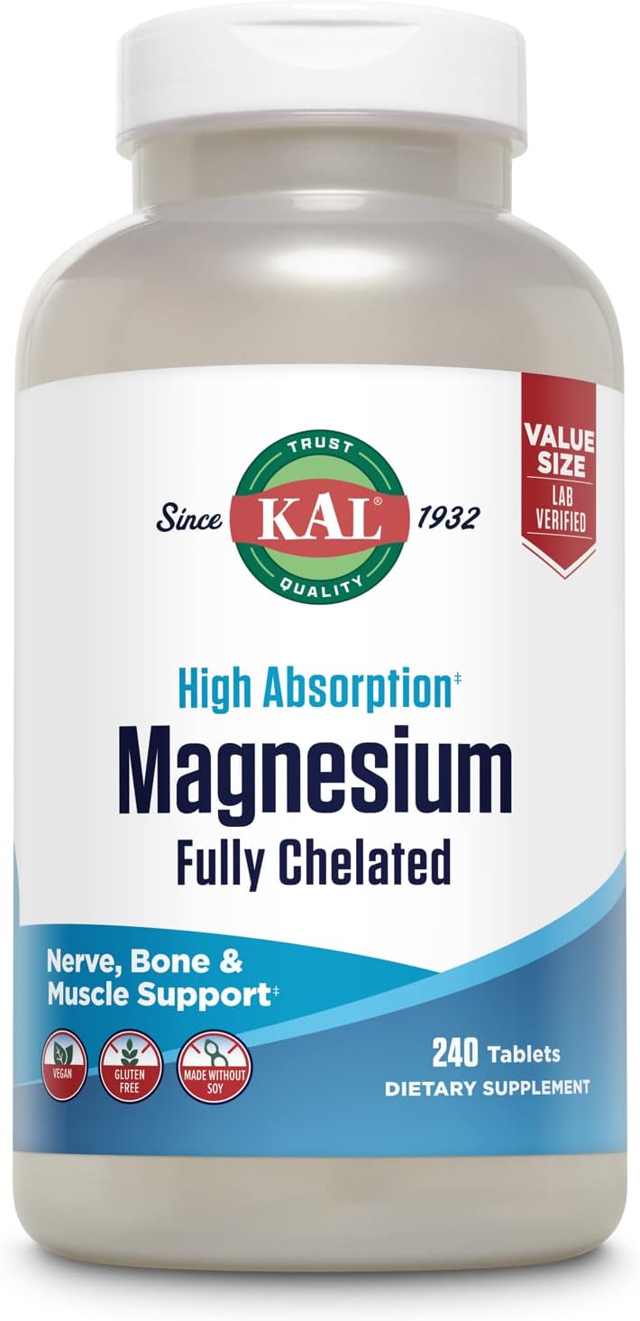 KAL Magnesium Glycinate Tablets, Fully Chelated, High Absorption Formula with Magnesium Bisglycinate Chelate for Nerve, Muscle & Bone Health Support, Vegan, Gluten Free, Value Size, 240 Tablets - PrimeBioHealth - canada supplements