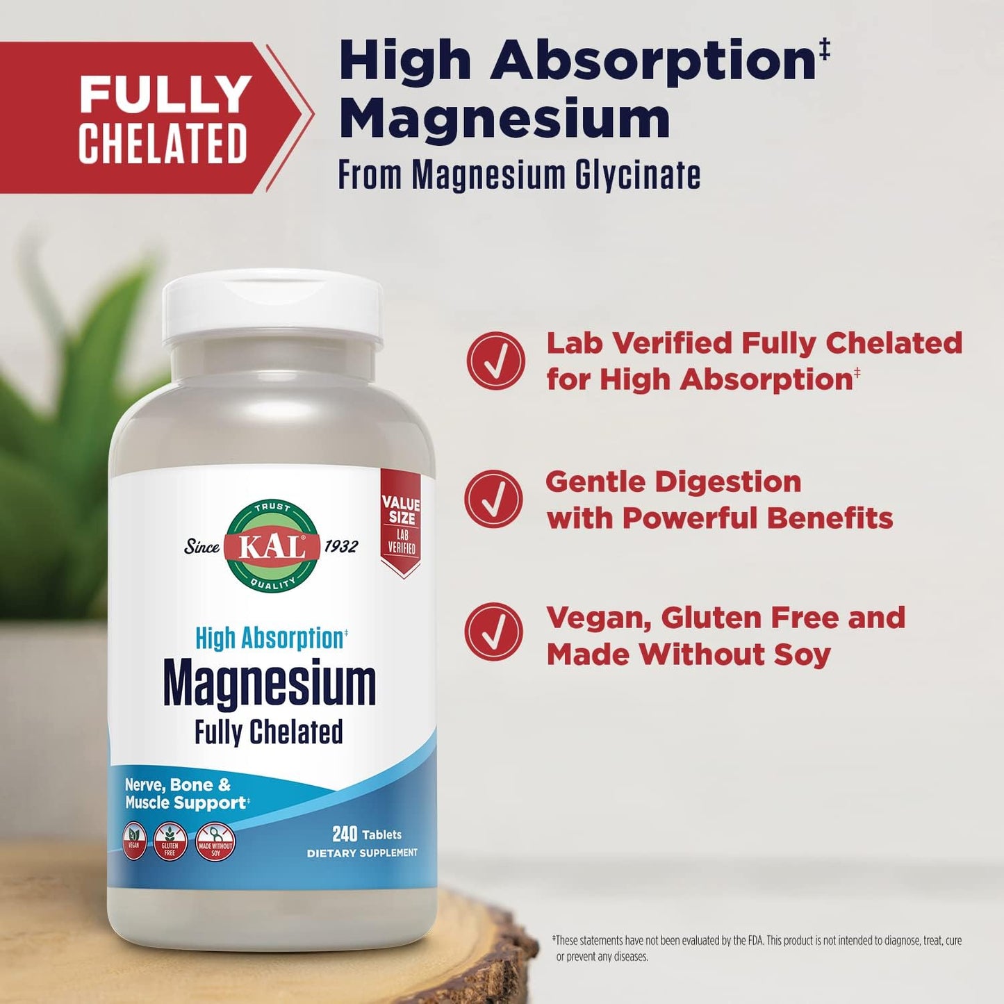 KAL Magnesium Glycinate Tablets, Fully Chelated, High Absorption Formula with Magnesium Bisglycinate Chelate for Nerve, Muscle & Bone Health Support, Vegan, Gluten Free, Value Size, 240 Tablets - PrimeBioHealth - canada supplements