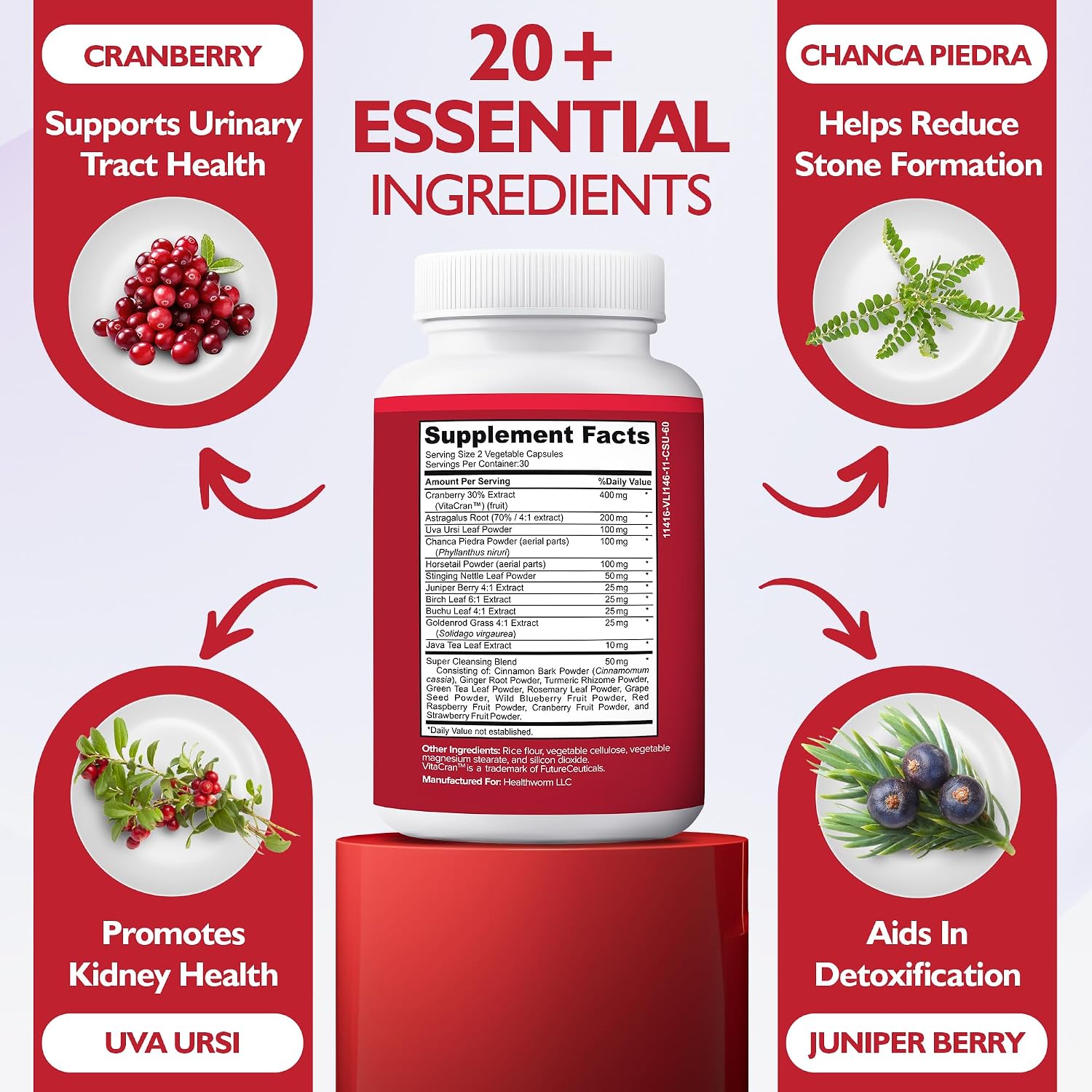 Kidney Cleanse Detox & Repair Formula – Natural Kidney Support Supplement with Cranberry & 21 Herbs for Renal, Bladder, & Urinary Tract Health – Flush Toxins & Renew - 60 Capsules - PrimeBioHealth - canada supplements