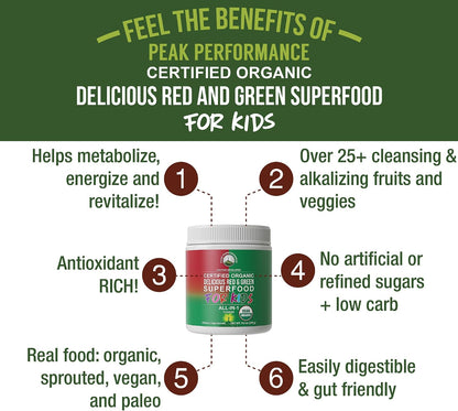 Kids Greens and Reds Superfood Powder - Best Tasting Organic Vegan Super Food Juice with 25+ Fruits and Vegetables - Gluten Free Real Food Vitamins - Green and Red Superfoods Supplement for Children - PrimeBioHealth - canada supplements
