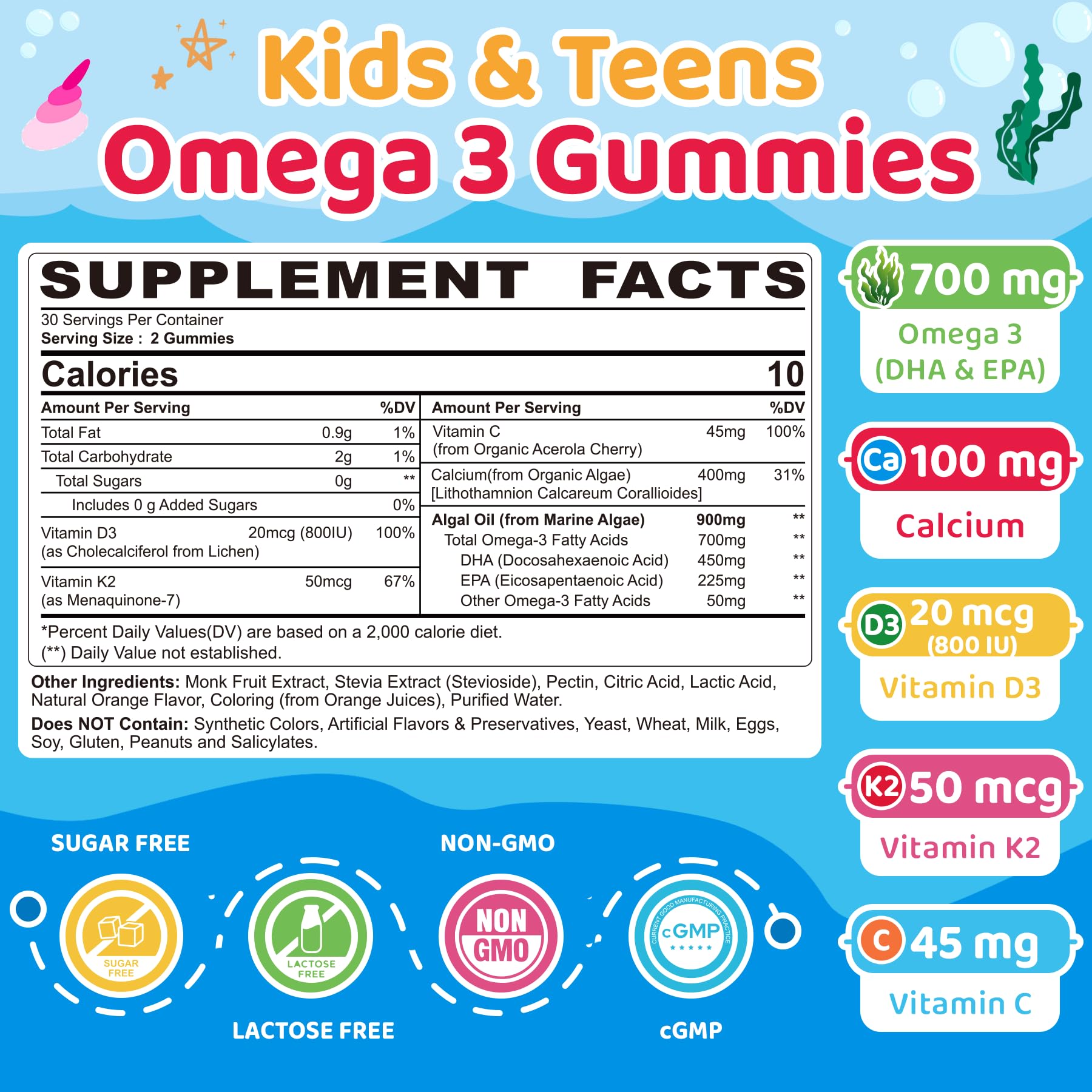 Kids Omega 3 Gummies + Calcium 400mg + Vitamin D3 K2 + C, Omega-3 DHA & EPA Supplement - No Fish Burps, No Sugar - Kids & Teens Omega 3 + Multivitamin Gummy for Strong Bones, Brain, Immune, Eye, 2Pack - PrimeBioHealth - canada supplements