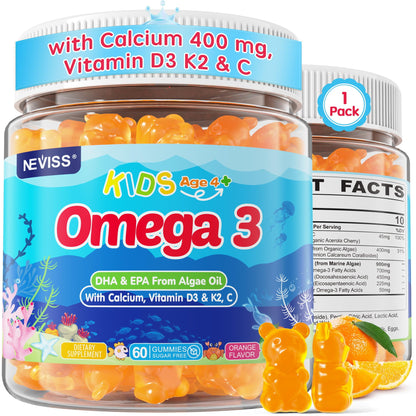 Kids Omega 3 Gummies + Calcium 400mg + Vitamin D3 K2 + C, Omega-3 DHA & EPA Supplement - No Fish Burps, No Sugar - Kids & Teens Omega 3 + Multivitamin Gummy for Strong Bones, Brain, Immune, Eye, 2Pack - PrimeBioHealth - canada supplements