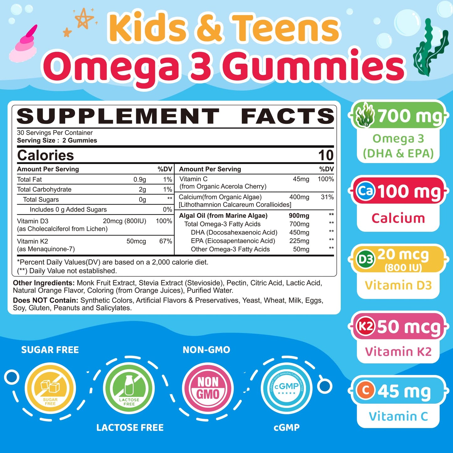 Kids Omega 3 Gummies + Calcium 400mg + Vitamin D3 K2 + C, Omega-3 DHA & EPA Supplement - No Fish Burps, No Sugar - Kids & Teens Omega 3 + Multivitamin Gummy for Strong Bones, Brain, Immune, Eye, 2Pack - PrimeBioHealth - canada supplements