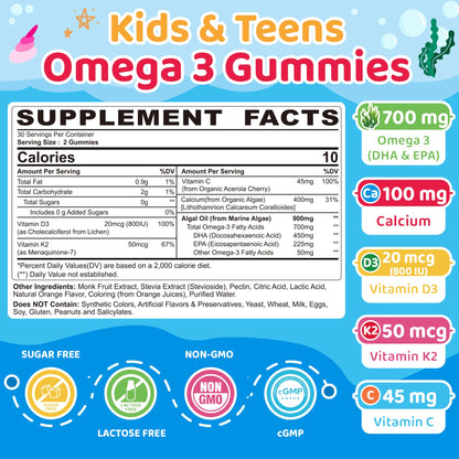 Kids Omega 3 Gummies + Calcium 400mg + Vitamin D3 K2 + C, Omega-3 DHA & EPA Supplement - No Fish Burps, No Sugar - Kids & Teens Omega 3 + Multivitamin Gummy for Strong Bones, Brain, Immune, Eye, 2Pack - PrimeBioHealth - canada supplements