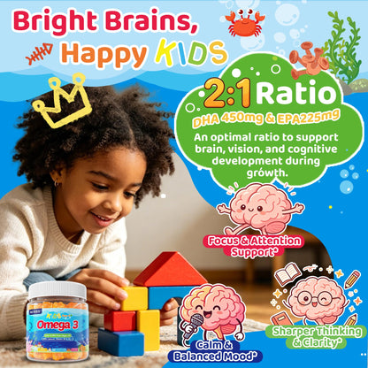 Kids Omega 3 Gummies + Calcium 400mg + Vitamin D3 K2 + C, Omega-3 DHA & EPA Supplement - No Fish Burps, No Sugar - Kids & Teens Omega 3 + Multivitamin Gummy for Strong Bones, Brain, Immune, Eye, 2Pack - PrimeBioHealth - canada supplements