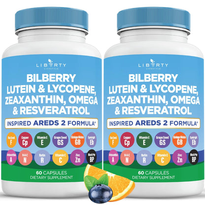 Liberty Lifestyle Eye Health Vitamins with Bilberry, Lutein & Zeaxanthin, Lycopene, Resveratrol, Grape Seed Extract Flaxseed Astaxanthin- AREDS 2-180 Capsules - PrimeBioHealth - canada supplements