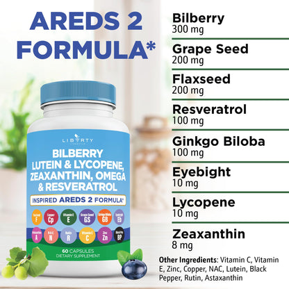 Liberty Lifestyle Eye Health Vitamins with Bilberry, Lutein & Zeaxanthin, Lycopene, Resveratrol, Grape Seed Extract Flaxseed Astaxanthin- AREDS 2-180 Capsules - PrimeBioHealth - canada supplements