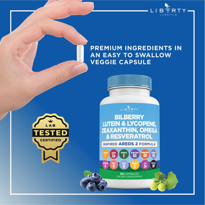 Liberty Lifestyle Eye Health Vitamins with Bilberry, Lutein & Zeaxanthin, Lycopene, Resveratrol, Grape Seed Extract Flaxseed Astaxanthin- AREDS 2-180 Capsules - PrimeBioHealth - canada supplements